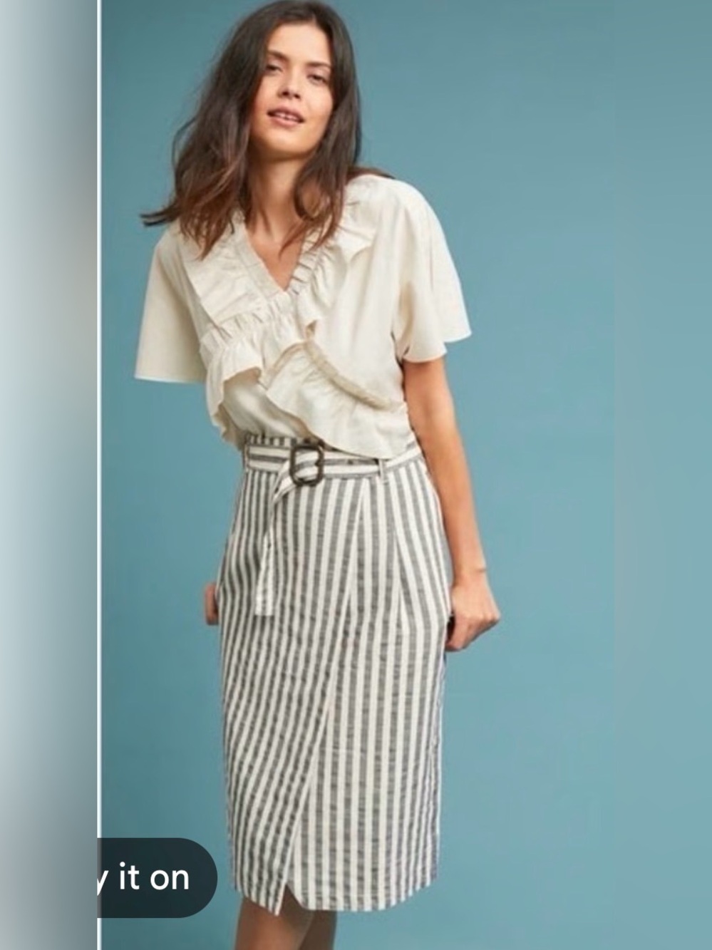 Anthropologie Cloth & Stone Striped Wrap Midi Pencil Skirt, Cream & Navy, SZ. 12